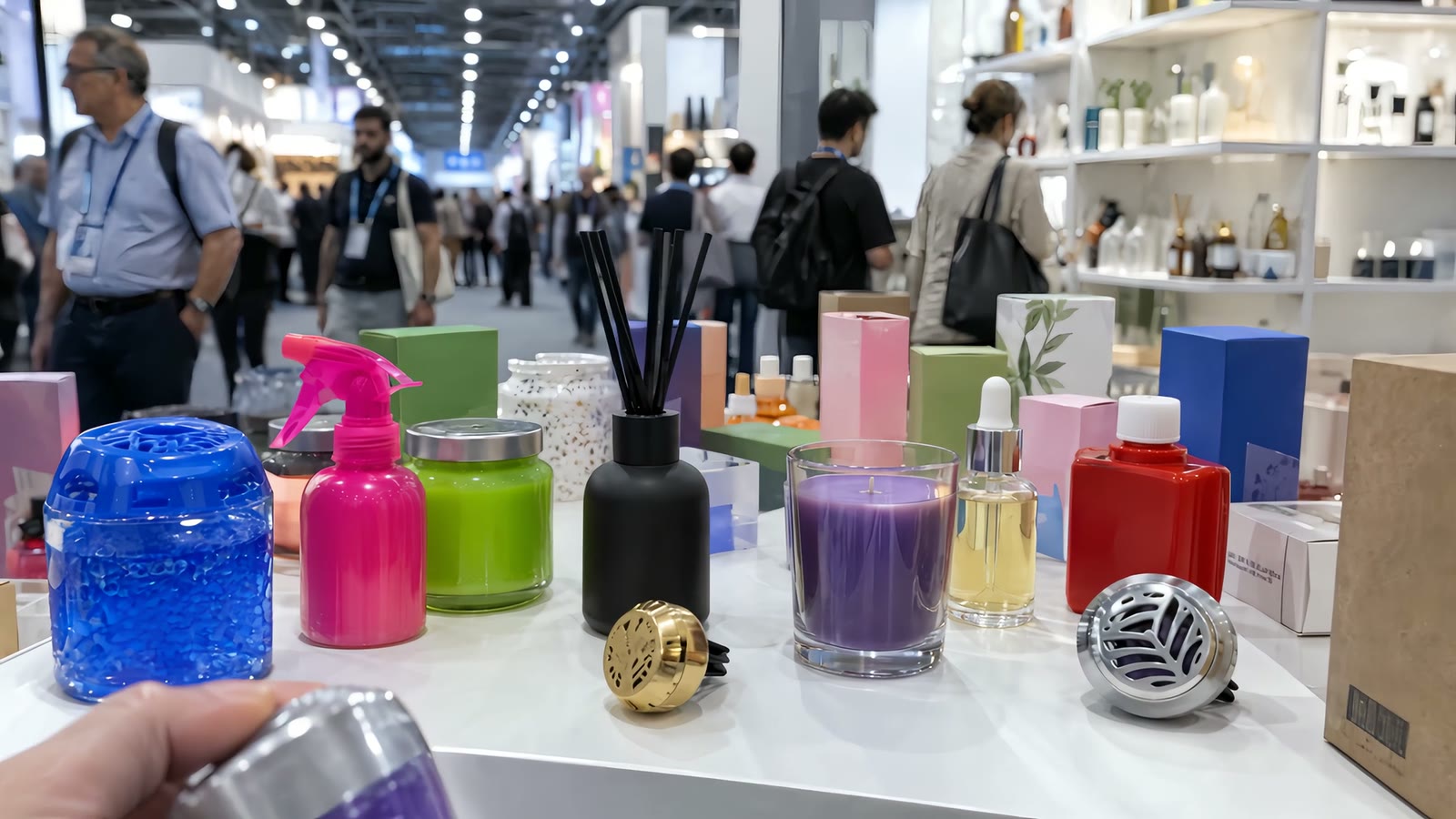 Buyer in una fiera internazionale e, in primo piano, profumatori e spray di produttori diversi, senza un'identità comune