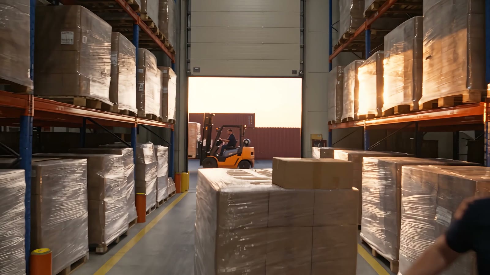 Il magazzino italiano al tramonto, con i bancali della collezione e un container sullo sfondo