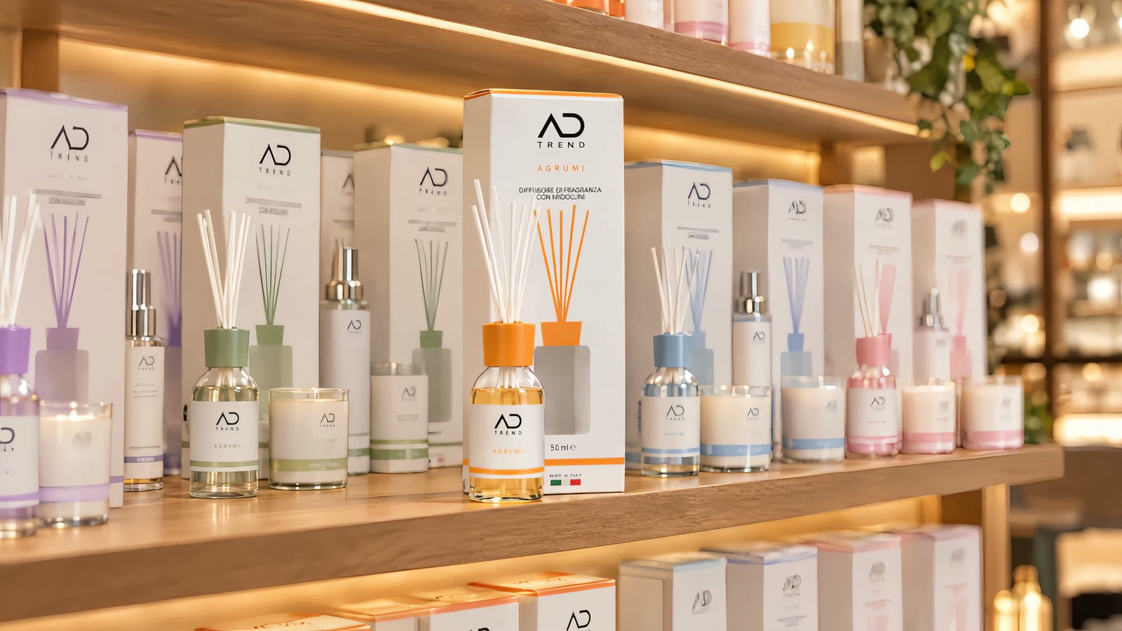 Lo scaffale del negozio con la collezione AD Trend completa e il diffusore Agrumi in primo piano