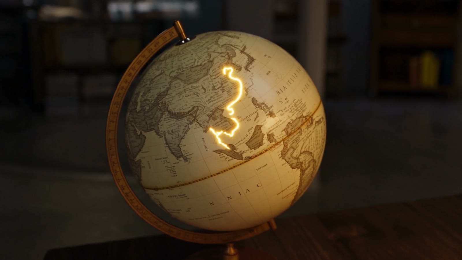 Un mappamondo con una linea luminosa accesa sulla Cina