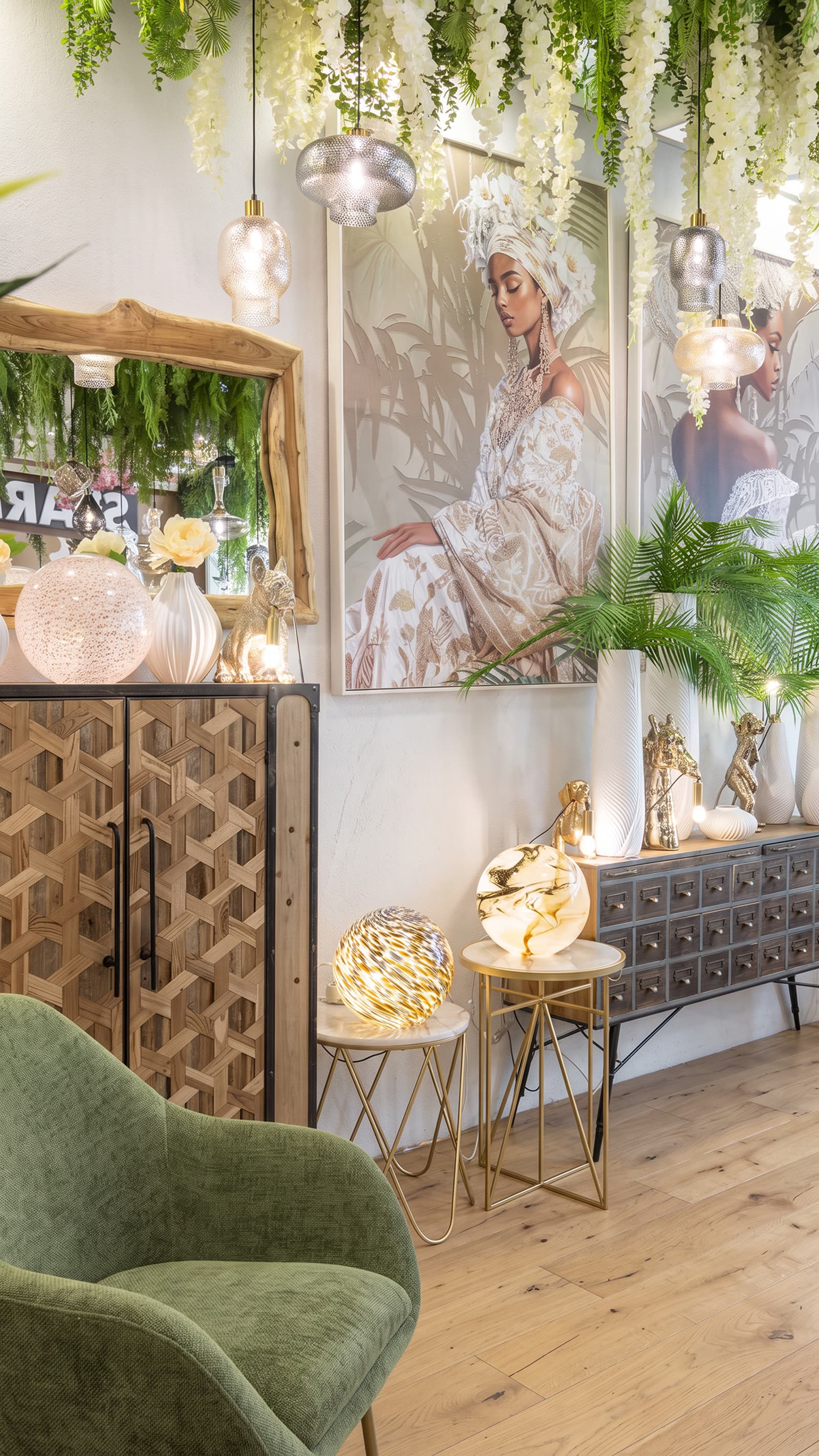 Un angolo dello showroom con poltrona verde, specchi e lampade
