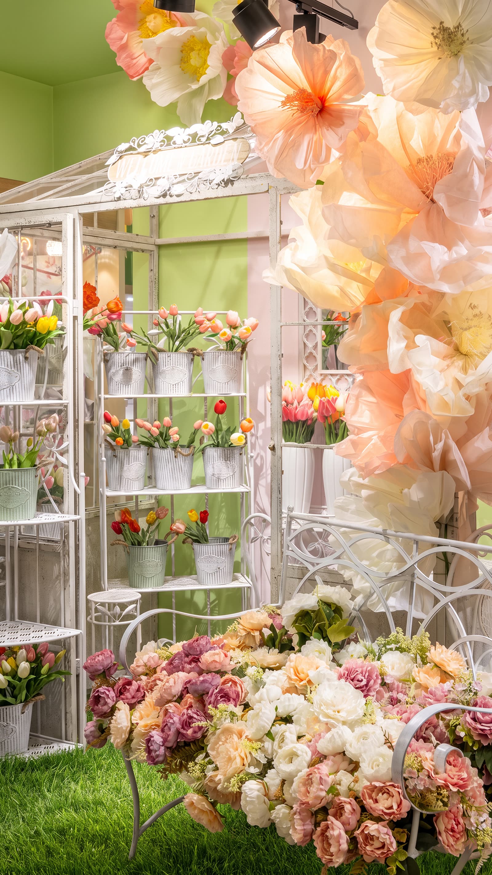 Fiori artificiali rosa su un espositore in legno