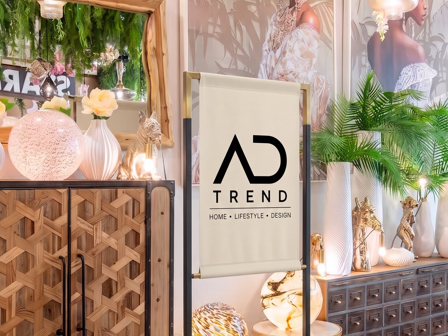 Un angolo dello showroom AD Trend con l'insegna del marchio, fra lampade, piante e mobili in legno