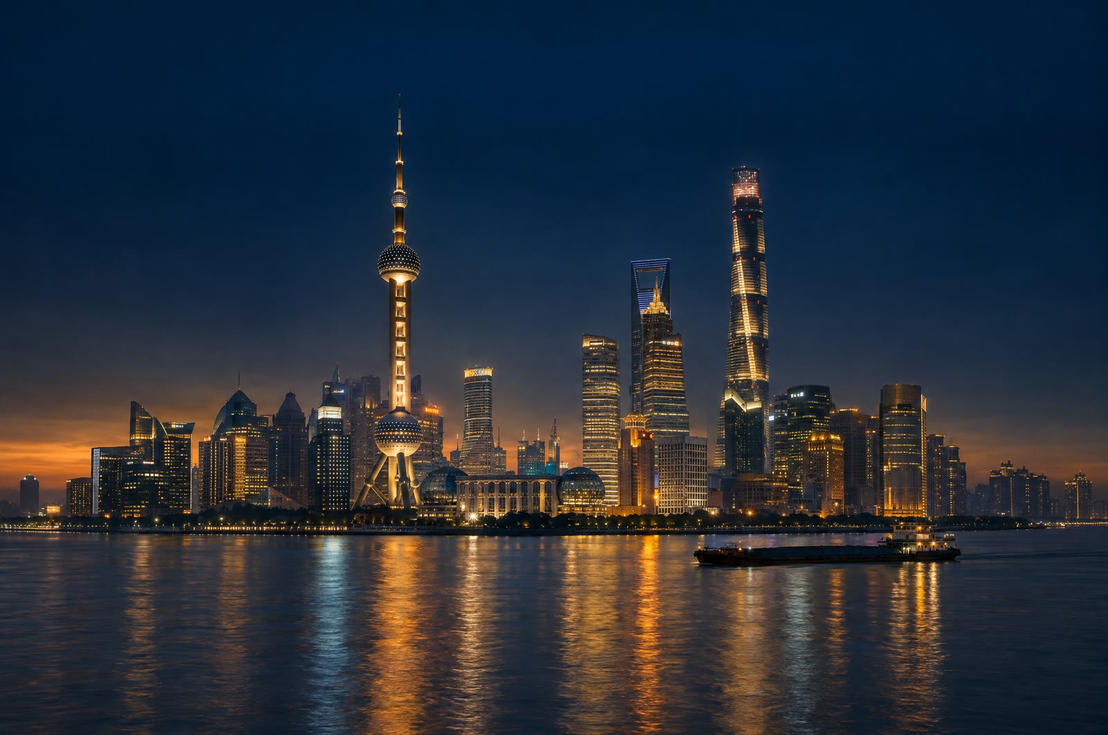 Lo skyline di Pudong a Shanghai visto dal Bund, all’ora blu, con le luci riflesse nel fiume