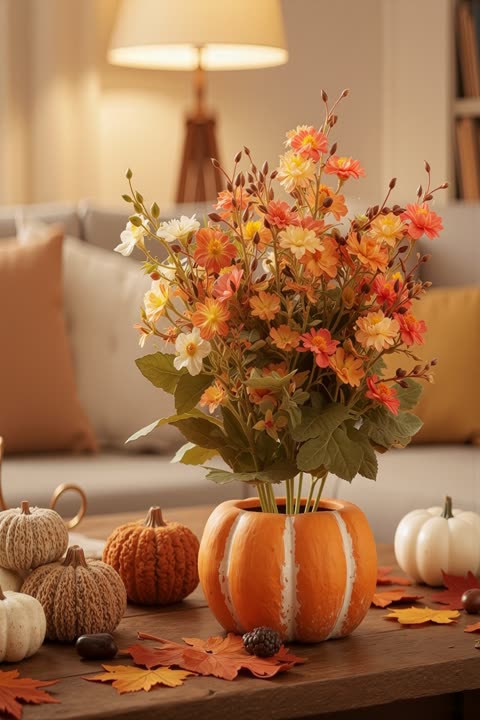 Composizione di fiori autunnali e zucche decorative su un tavolo