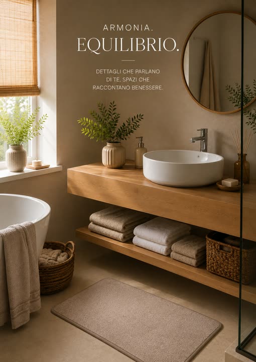 Bagno con lavabo d'appoggio, legno e tessili chiari