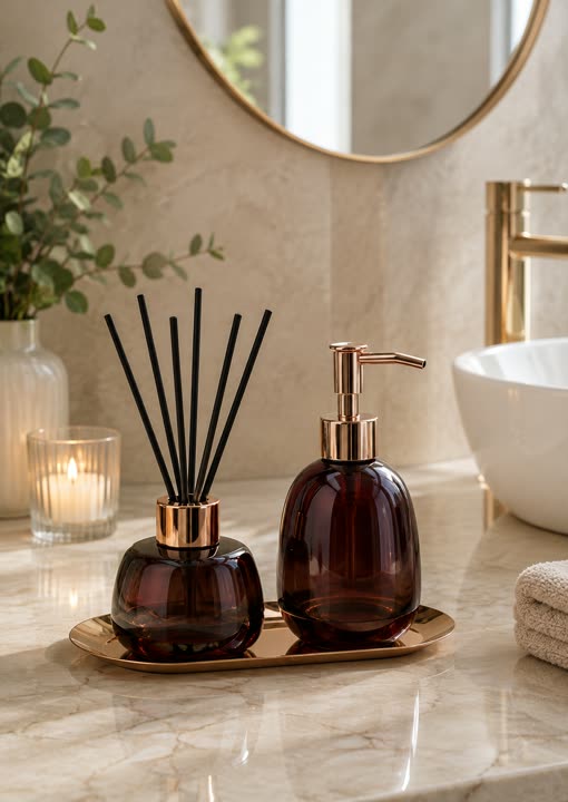 Diffusore a bastoncini e dispenser su un piano da bagno