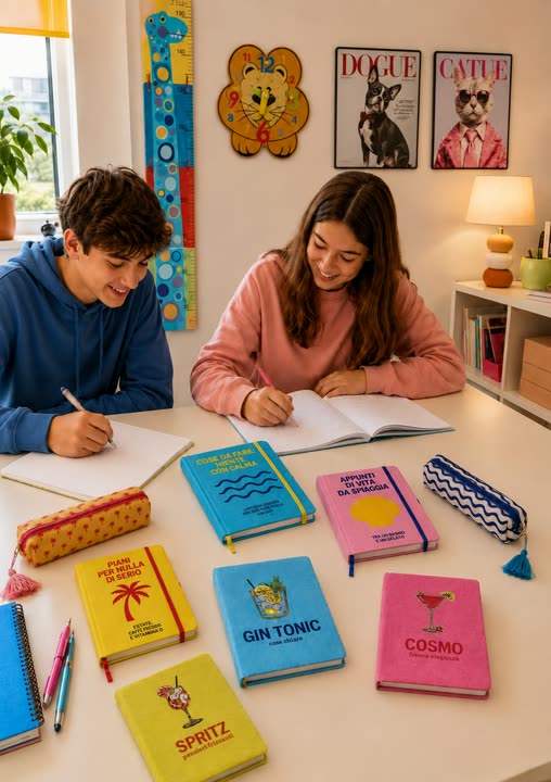 Due ragazzi studiano fra quaderni e astucci colorati