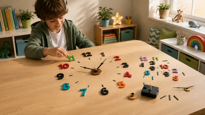 Un bambino compone un orologio da parete con i numeri sparsi sul tavolo