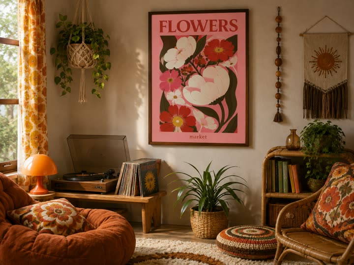Soggiorno con poster «Flowers», dischi e tessili caldi
