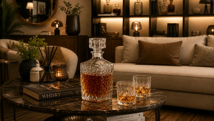 Angolo bar con decanter, bicchieri e libri