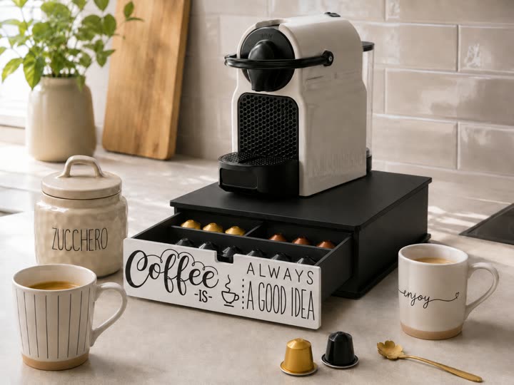 Macchina del caffè, tazze e barattolo su una mensola