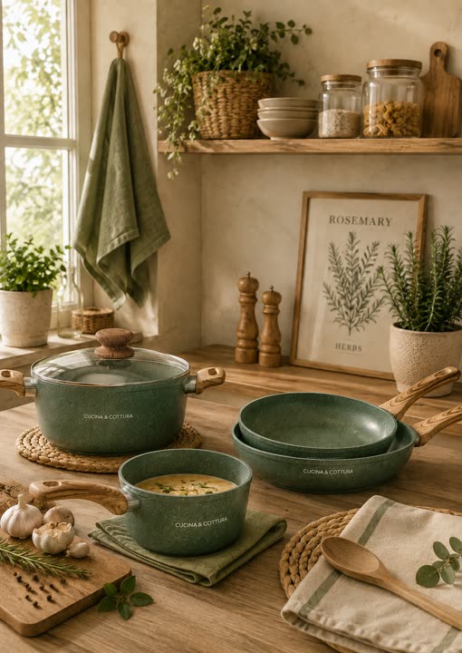Pentole verdi e tessili da cucina su un piano di legno