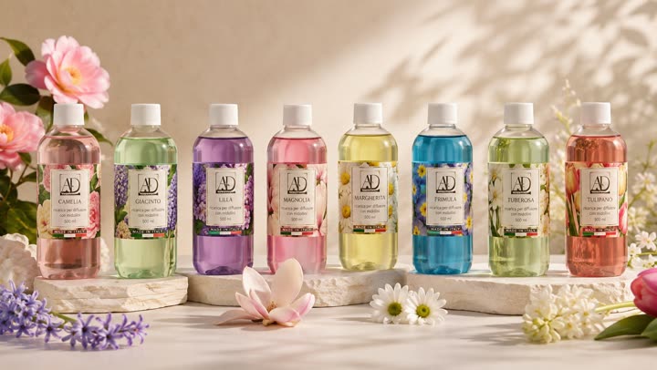 Nove flaconi di bagnoschiuma colorati allineati, con fiori
