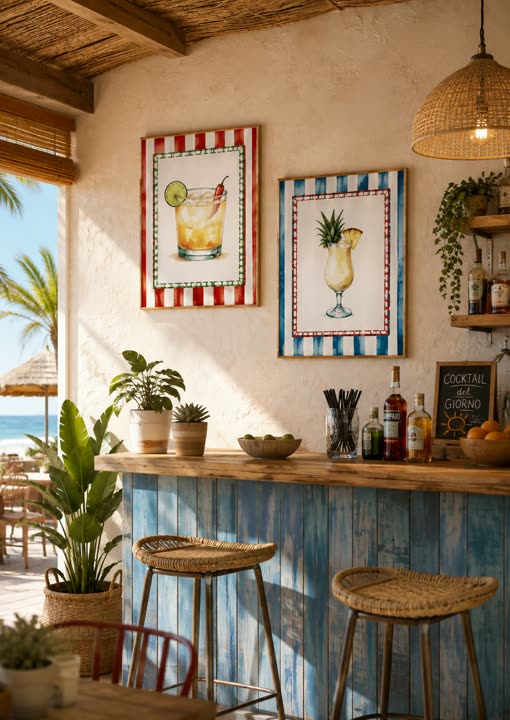 Un bar sulla spiaggia con stampe, piante e sgabelli