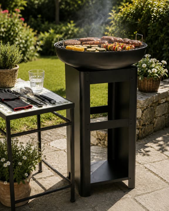 Barbecue a braciere acceso in giardino, con spiedini
