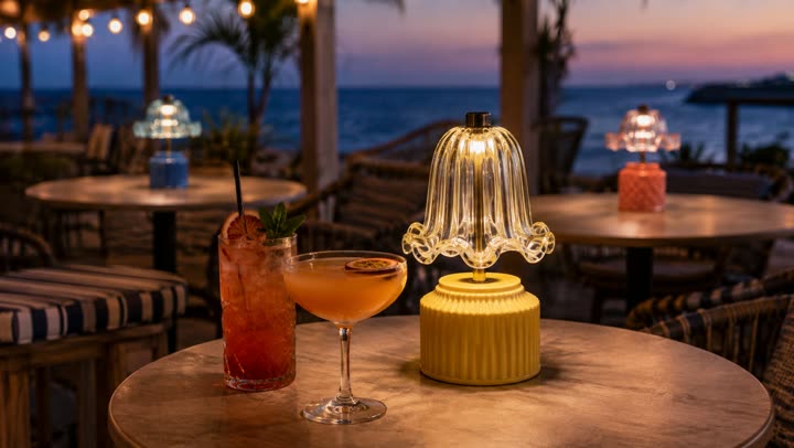 Cocktail e lampade da tavolo su una terrazza sul mare