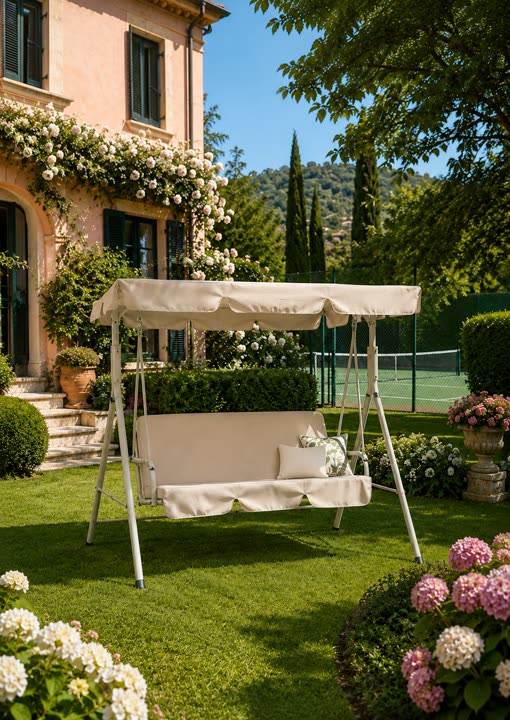 Dondolo da giardino con tettuccio, davanti a una villa