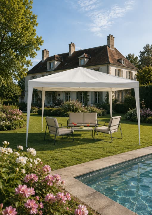 Gazebo bianco con salotto da esterno accanto alla piscina