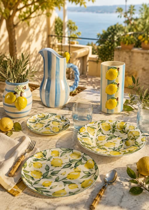 Tavola in terrazza con servizio decorato a limoni e il mare sul fondo
