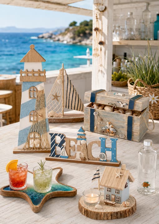 Decori marini in legno, faro e casette, davanti al mare