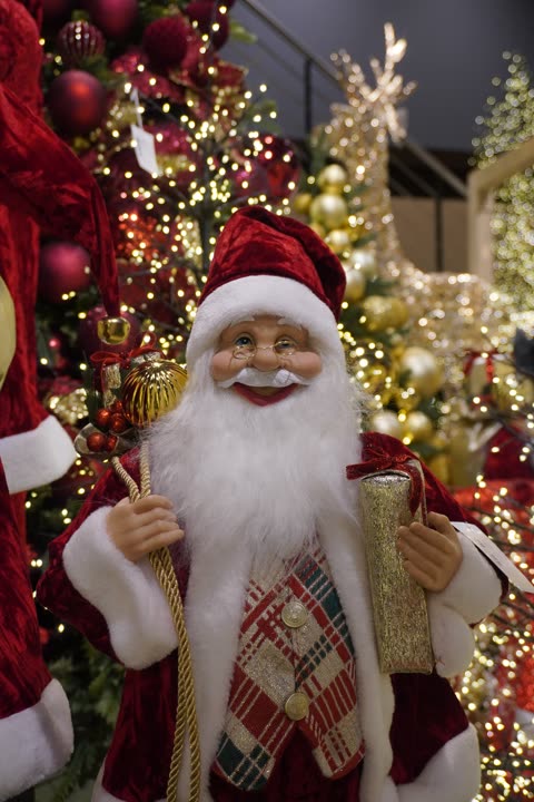 Un Babbo Natale a grandezza naturale fra gli alberi illuminati