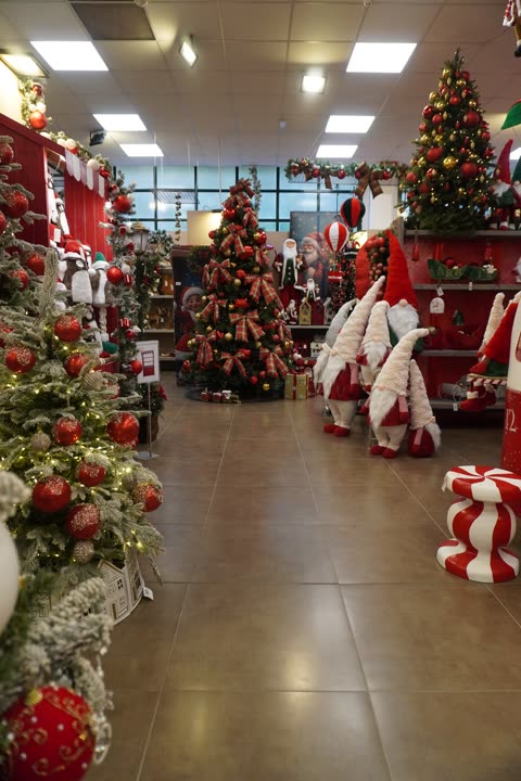 Corsia dello showroom con alberi rossi e pupazzi