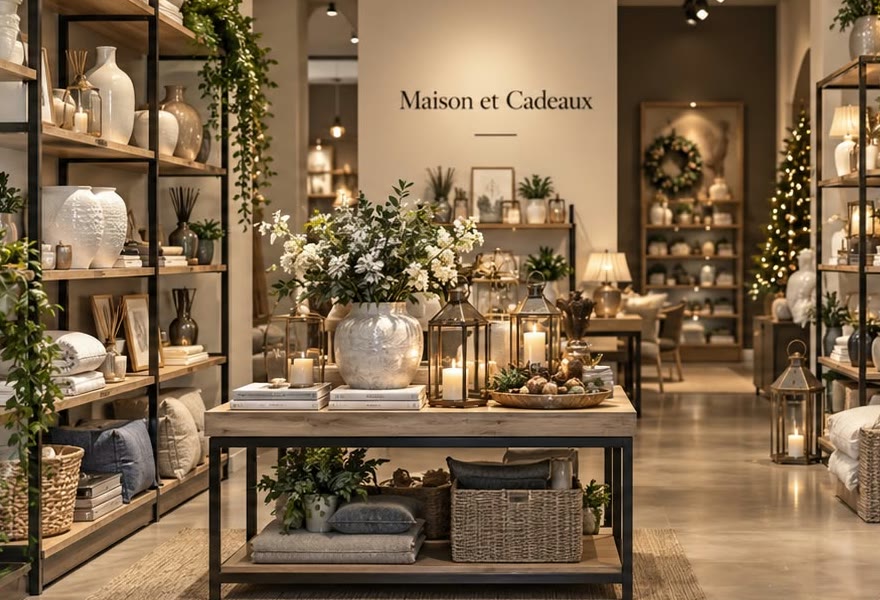 L’interno di un negozio Maison et Cadeaux, con scaffali di vasi e candele e un tavolo espositivo al centro